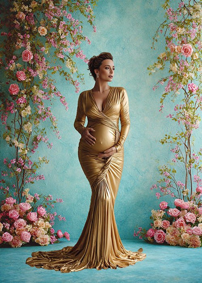 Romantic Garden Backdrop – Pink Roses and Blossoms with Soft Turquoise Wall - Mii - Estilo