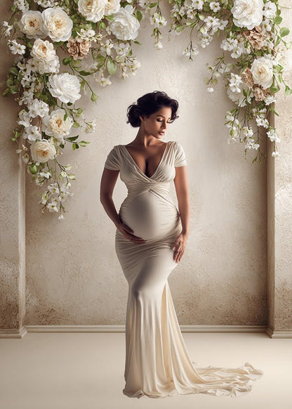 Romantic Ivory Blossom Backdrop – Elegant White Florals with Soft Sand Beige Wall - Mii - Estilo