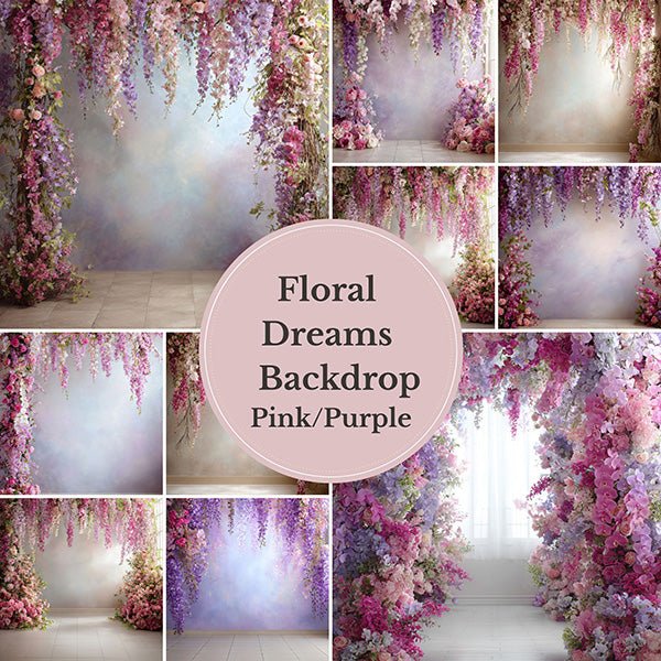 Romantic Purple Wisteria Backdrop – Cascading Lilac and Pink Blossoms with Soft Pastel Wall - Mii - Estilo