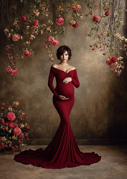 Romantic Red Blossom Backdrop – Hanging Roses on Soft Beige Textured Wall - Mii - Estilo