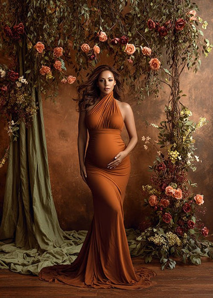 Rustic Autumn Floral Backdrop – Warm Copper Wall with Greenery and Peach Roses - Mii - Estilo