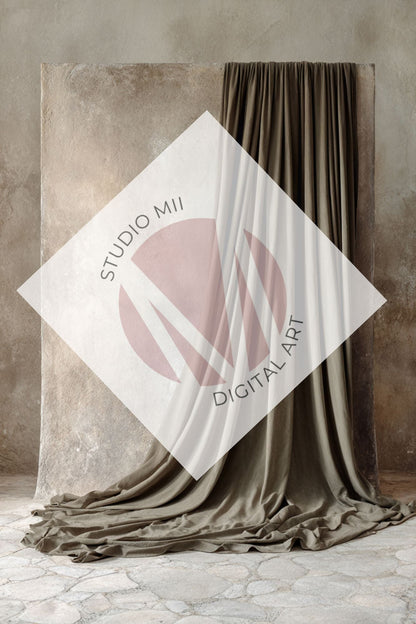 Sage Draped Linen Backdrop – Old World Textured Wall Fine Art Digital Background - Studio Mulder