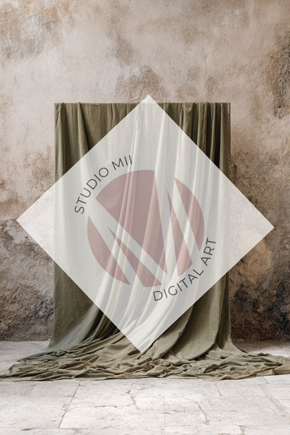 Sage Draped Linen Backdrop – Old World Textured Wall Fine Art Digital Background - Studio Mulder