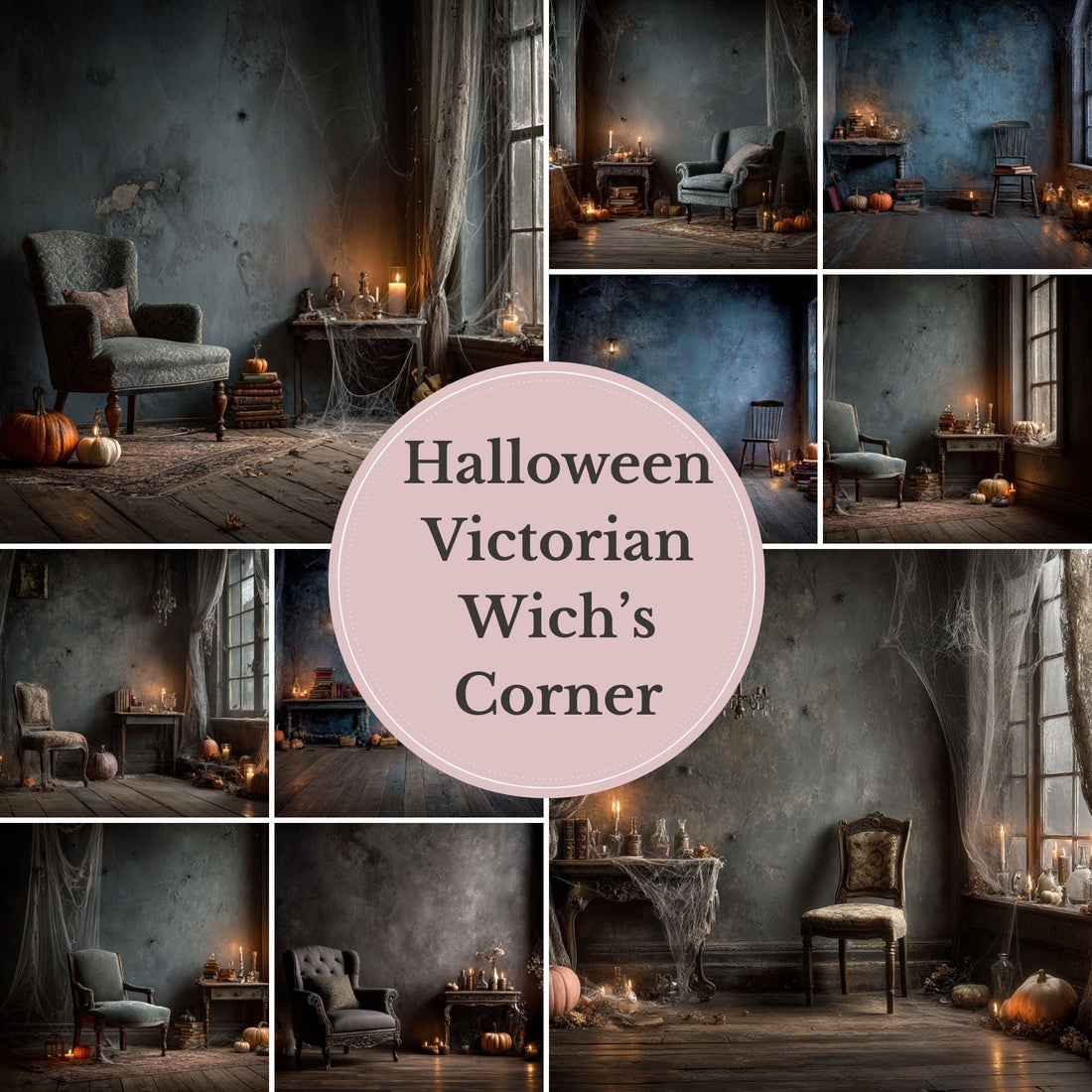 Victorian Witch’s Corner Backdrop – Vintage Halloween Room with Pumpkins, Candles and Antique Chair - Mii - Estilo