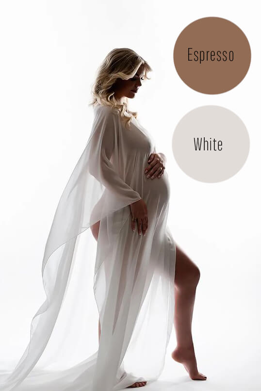blond pregnant model wearing a long chiffon cape in white color. 