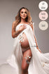 blond pregnant model poses covering her chest area with an off white silky scarf. her belly is uncovered and the model has butterflies all over her. 