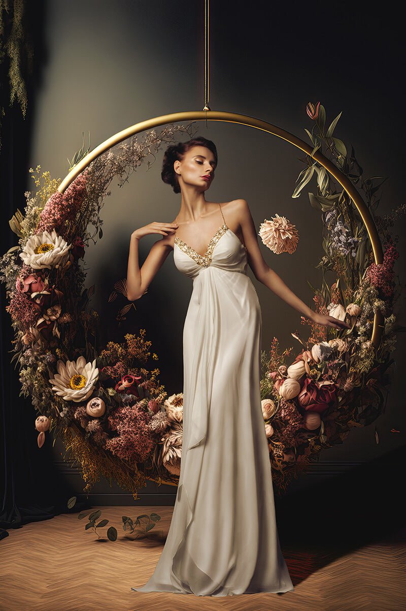 model poses in front of a very large golden circle hanging from the roof. the circle is decorated with several flowers. the model is wearing a long white dress with golden details on the top. 