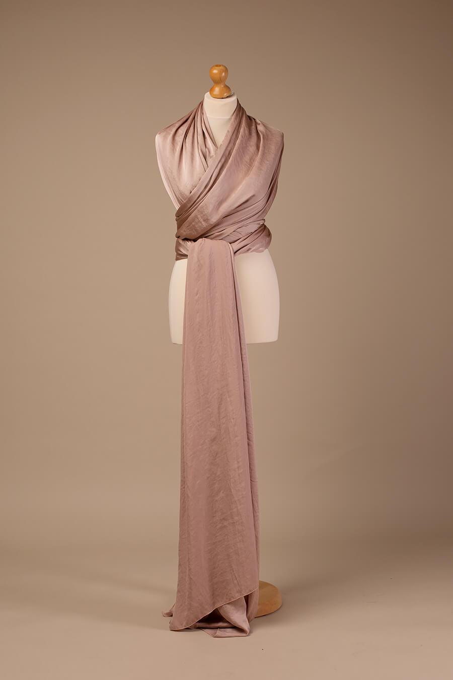 Display photo of a 4m long silky scarf in dusty pink color. 